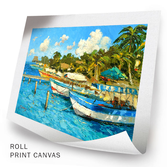 Tropical beach Mexico fish boats caribbean seascape painting