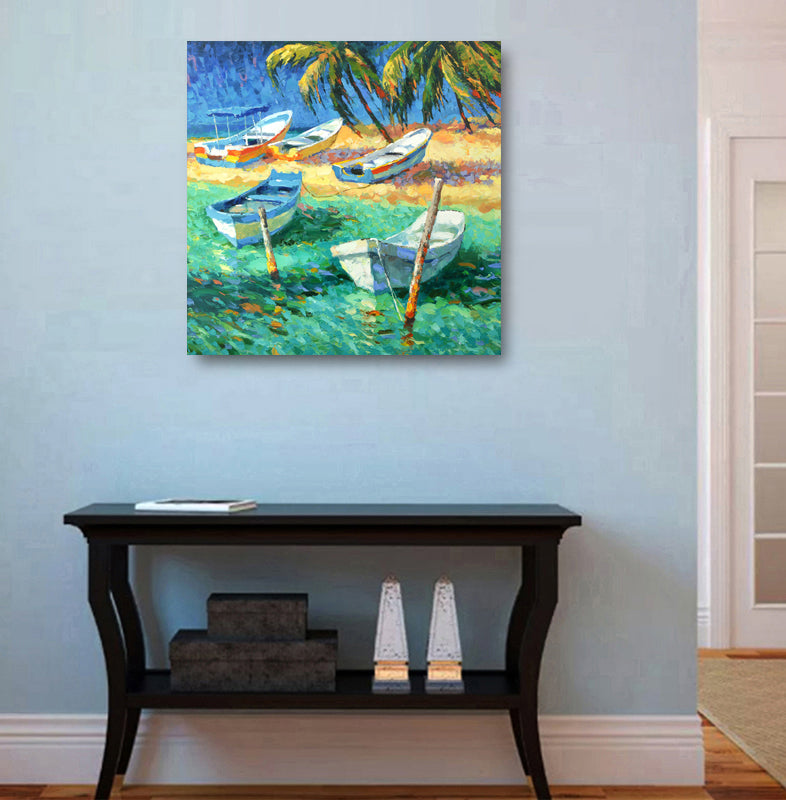 caribbean sea ocean waves painting A painting depicting a serene Caribbean sea shore at sunset. 