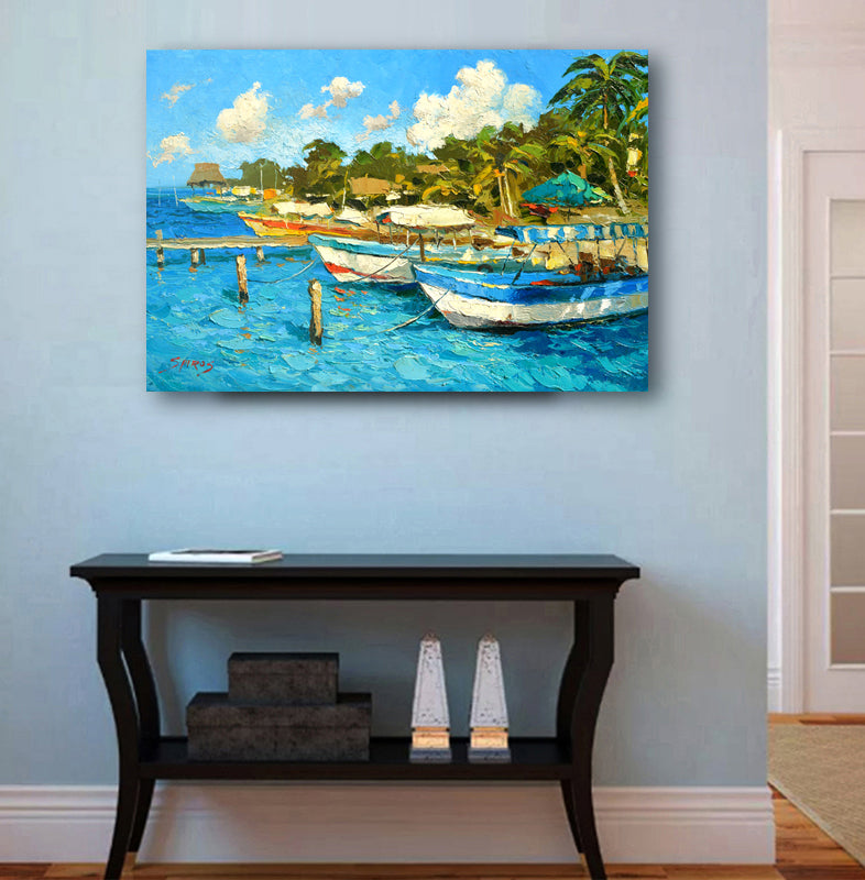 Tropical beach Mexico fish boats caribbean seascape painting