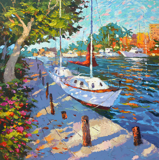 Coastal harbor painting at evening with boats and calm water