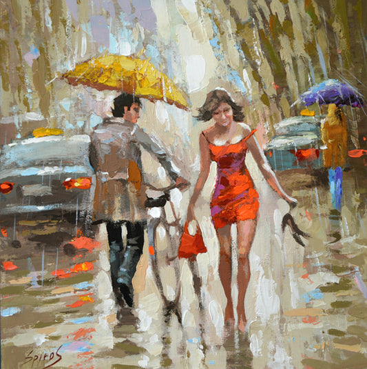 rain woman city cars painting