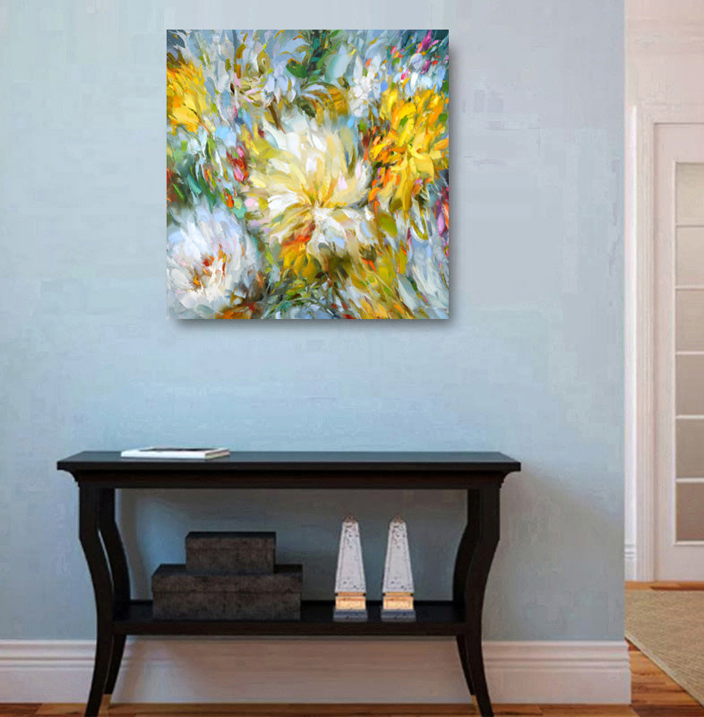 Unframed abstract canvas artwork featuring textured layers, fluid forms, and expressive abstract composition