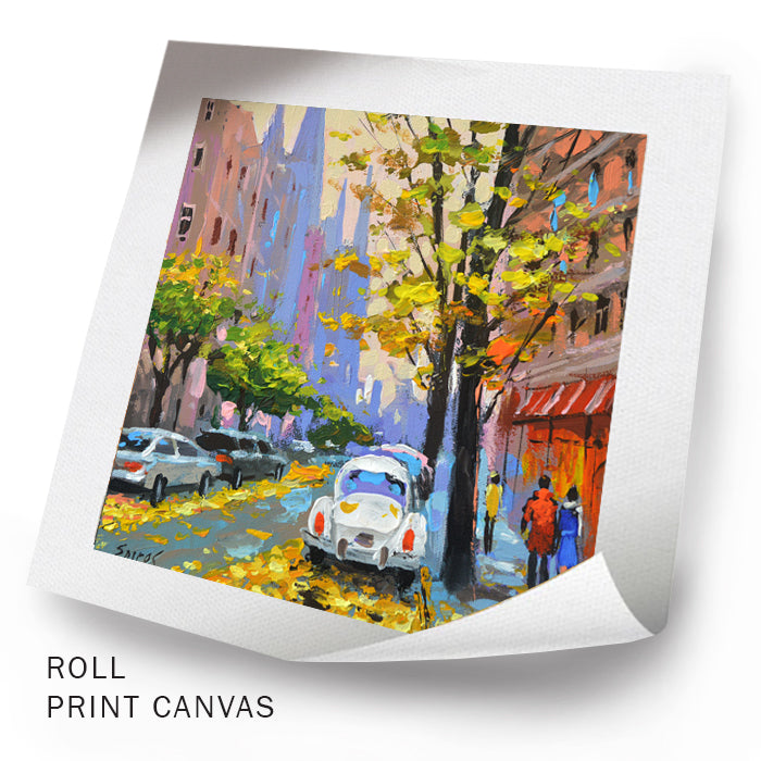 Unframed autumn city street painting with warm colors