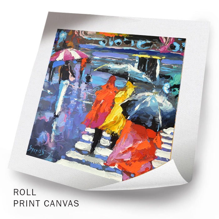 Unframed city street painting with pedestrians