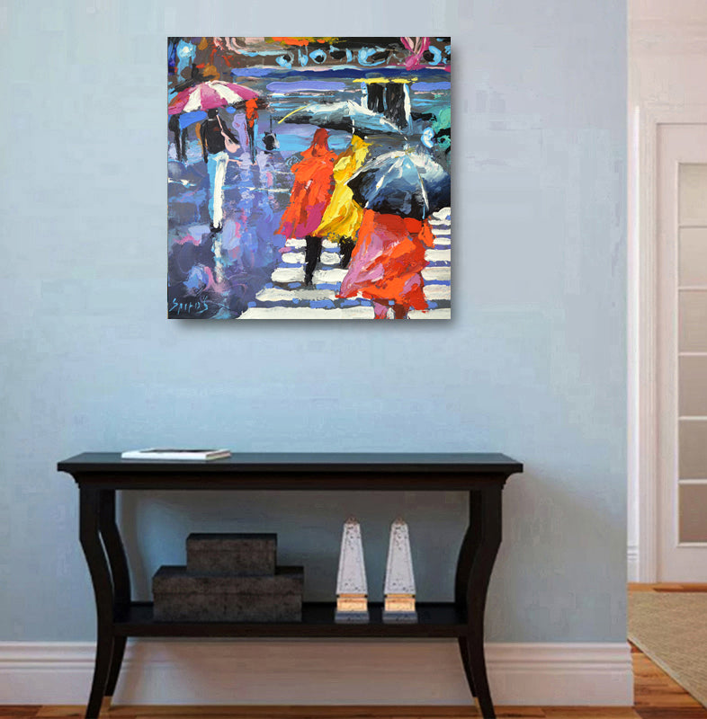 City pedestrians painting displayed in modern interior
