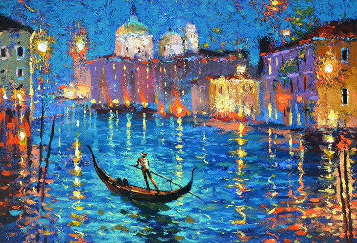 Night Venetian canal painting with reflections and city lights