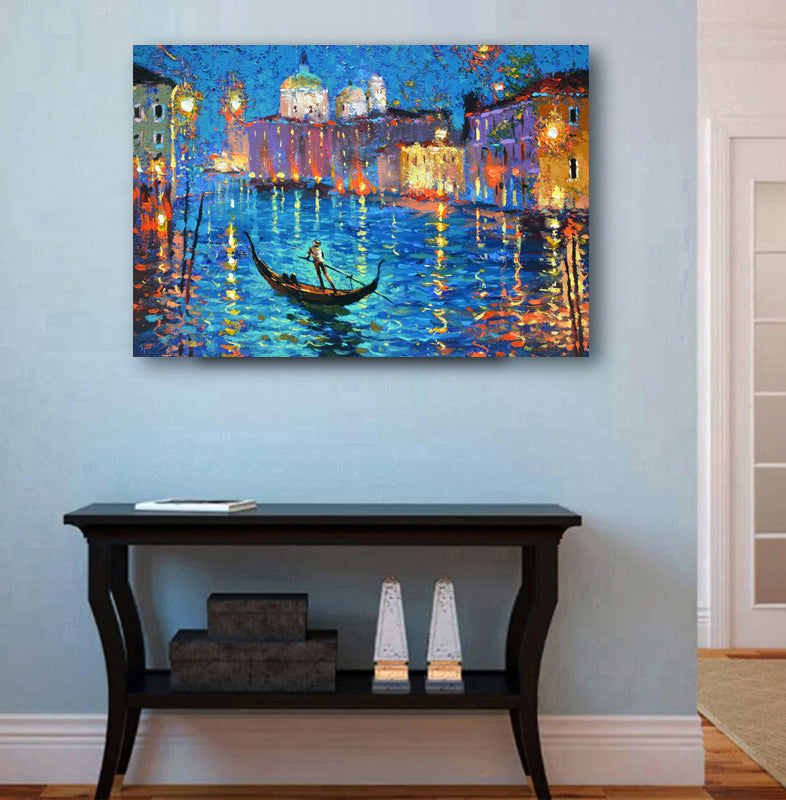 Night Venetian canal painting displayed in home interior
