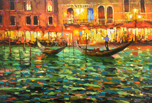 Venice canal painting at evening with warm lights and reflections