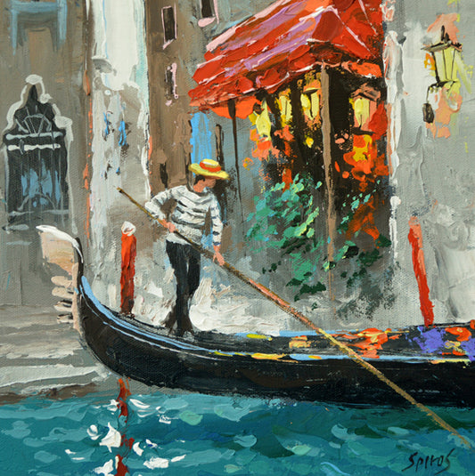 Evening Venice canal painting with gondola and warm lights