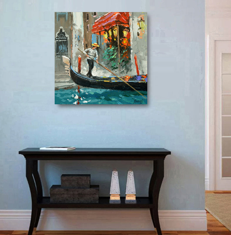 Venice canal evening painting displayed in home interior