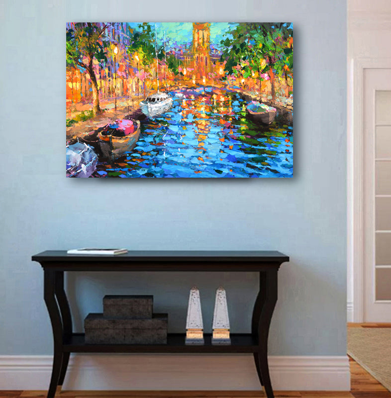 Vertical Amsterdam canal painting with traditional Dutch houses and water reflections