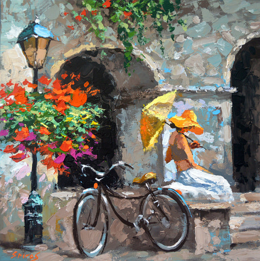 woman with umbrella cityscape painting