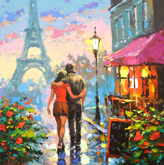 Paris Eiffel tower with couple at the street painting