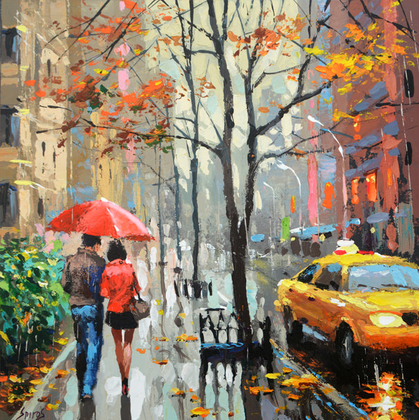 couple under umbrella rainy cityscape with yellow taxi painting