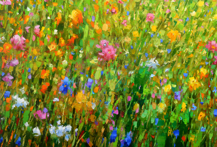 Wildflower field painting with colorful flowers and natural movement