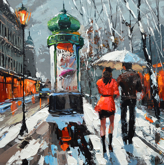 Winter city street painting with people walking, street lights and urban boulevard