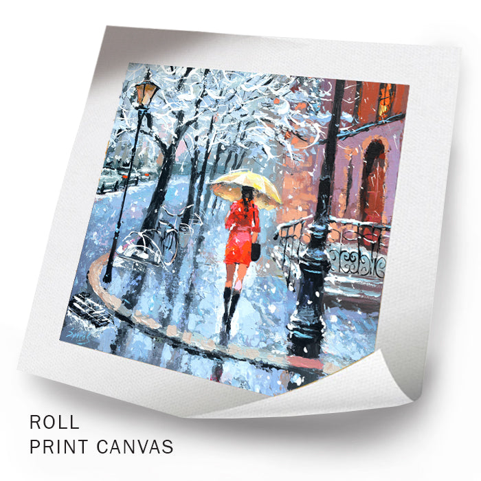 Unframed winter painting with first snow scene
