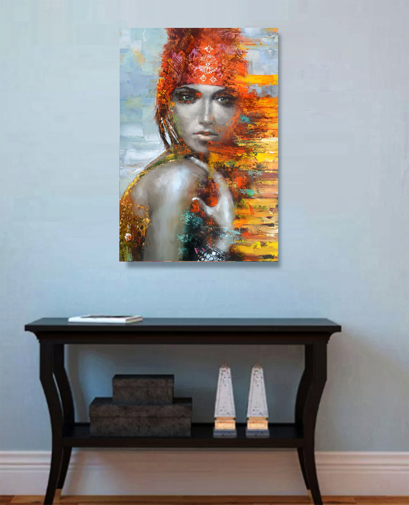 Woman portrait painting displayed in modern home interior