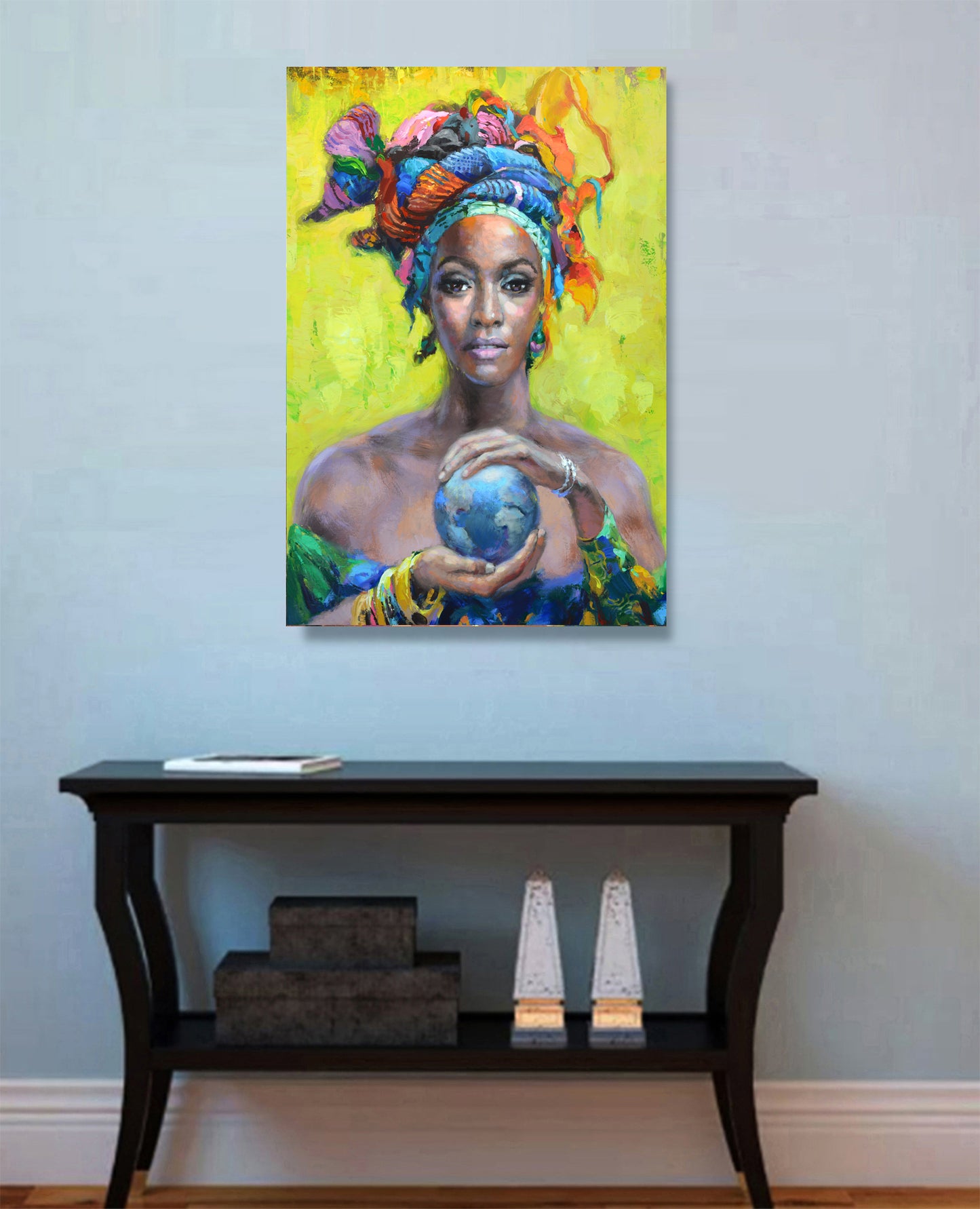 Woman face portrait painting displayed in modern interior