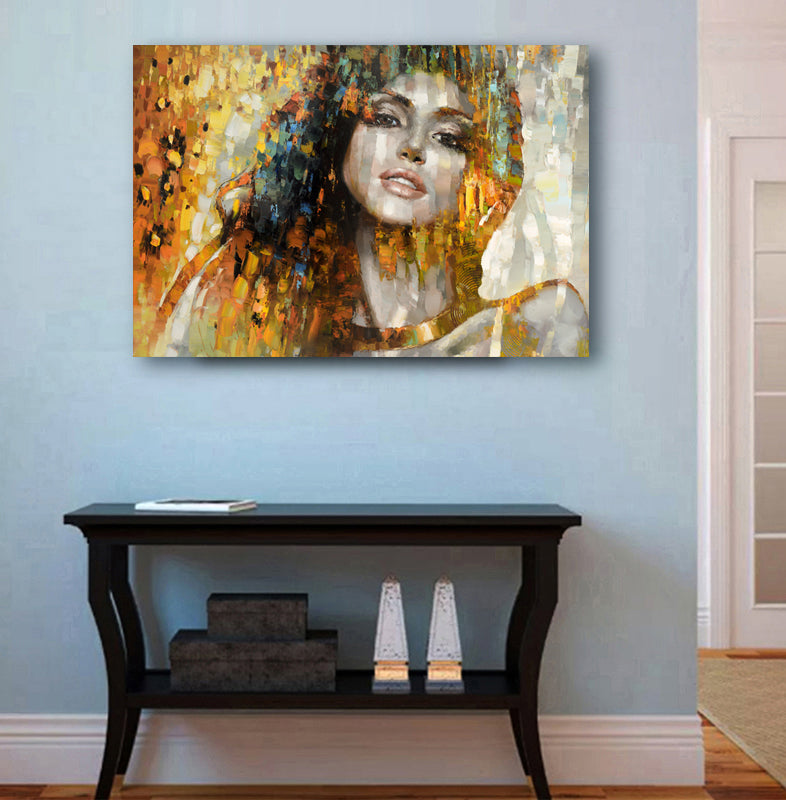 Woman portrait painting displayed in modern home interior