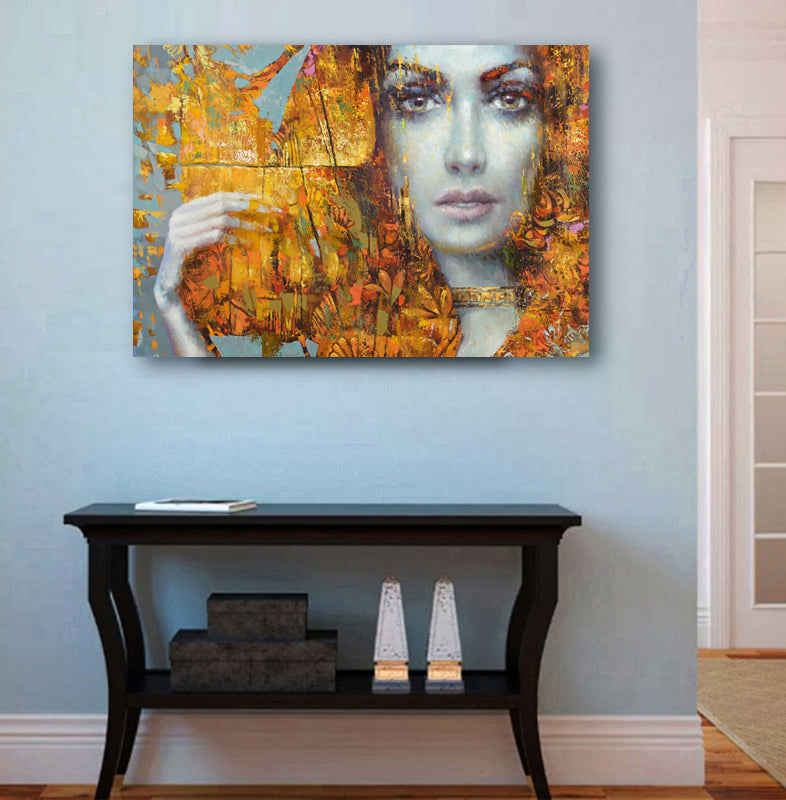 Woman portrait painting displayed in modern home interior