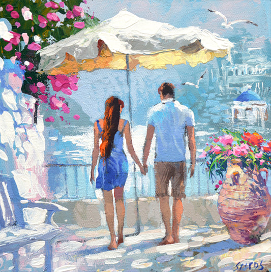 cityscape couple under umbrella near the sea painting