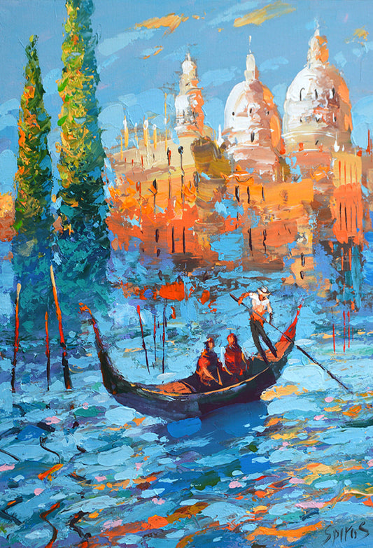 venice blue color cityscape with gondolier painting