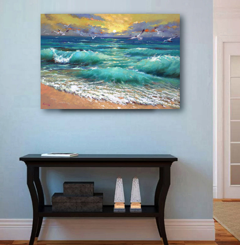 caribbean sea ocean waves painting A painting depicting a serene Caribbean sea shore at sunset. 