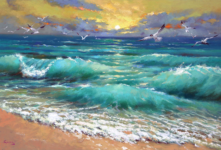caribbean sea ocean waves painting A painting depicting a serene Caribbean sea shore at sunset. The sky is filled with vibrant hues of orange, pink, and purple as the sun sets on the horizon. Waves gently roll onto the sandy beach, reflecting the warm colors of the sky.