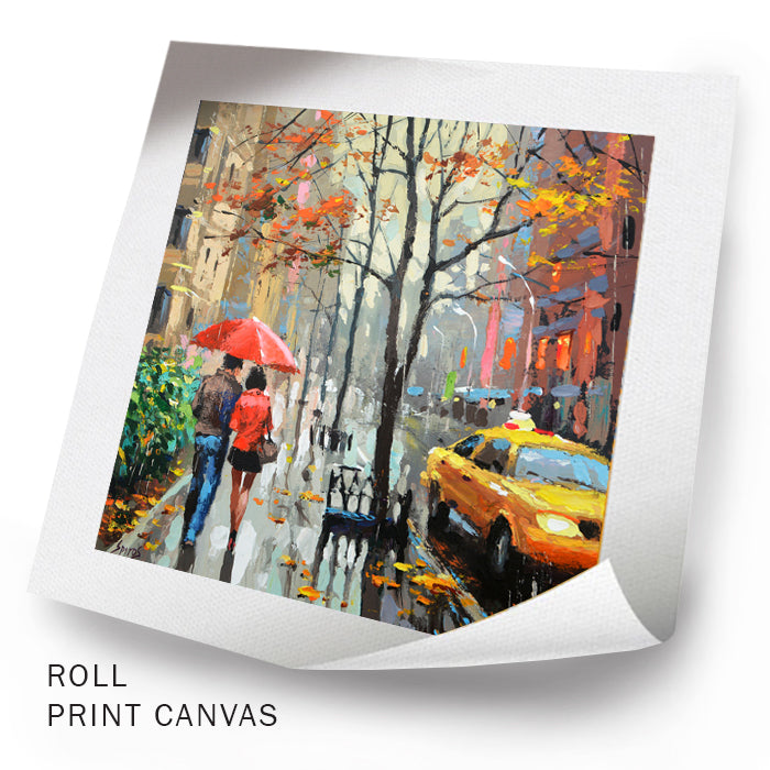 couple under umbrella rainy cityscape with yellow taxi painting