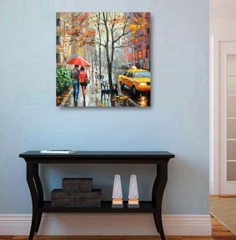 couple under umbrella rainy cityscape with yellow taxi painting