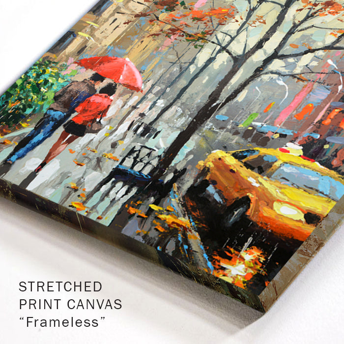 couple under umbrella rainy cityscape with yellow taxi painting