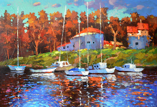 Boats at the sunset painting