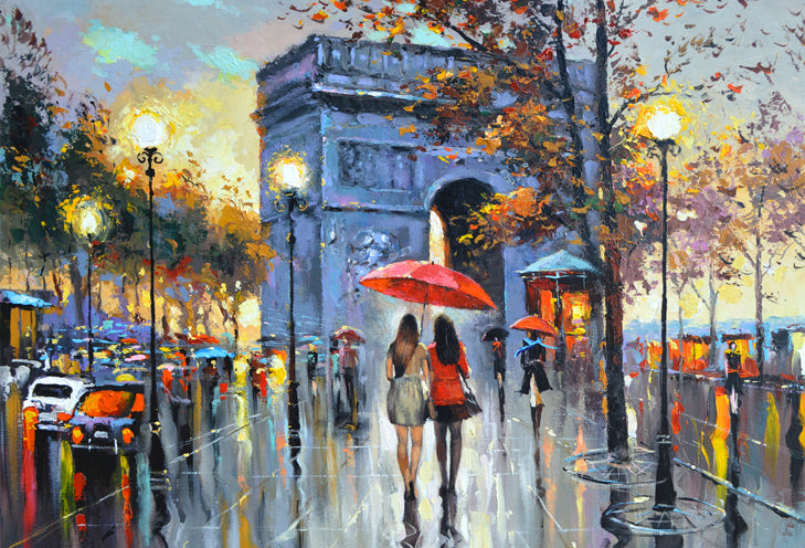 Paris street women under red umbrella at the night